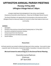 UFFINGTON ANNUAL PARISH MEETING Monday 19 May 2025 Uffington Village Hall at 7.00pm